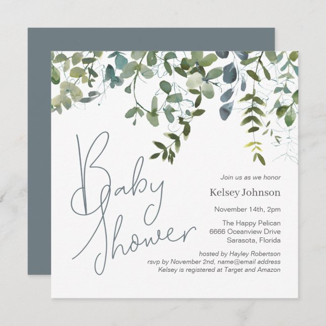 Modern Handwritten Eucalyptus Greenery Baby Shower Invitation (Front/Back)