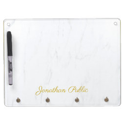Modern Handwritten Gold Name Elegant White Marble Dry Erase Board With Keychain Holder