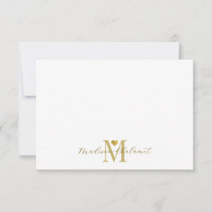 Modern Handwritten Gold Script Monogram Gold Heart Note Card