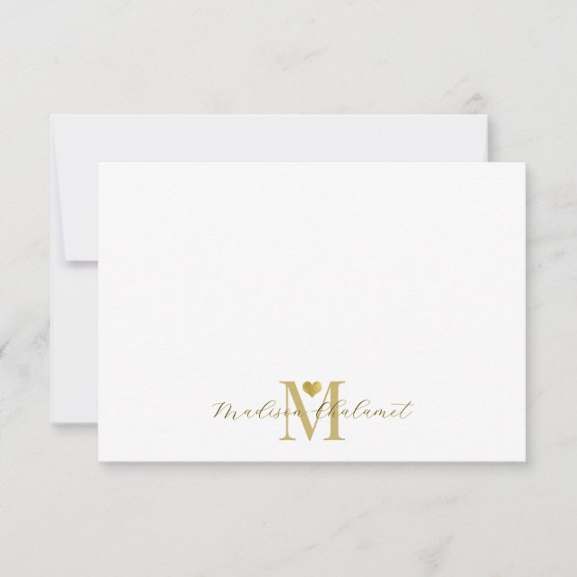 Modern Handwritten Gold Script Monogram Gold Heart Note Card (Front)