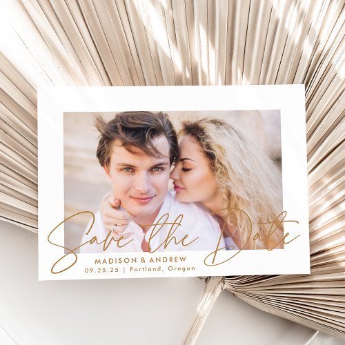 Modern Handwritten Gold Script Photo Save The Date