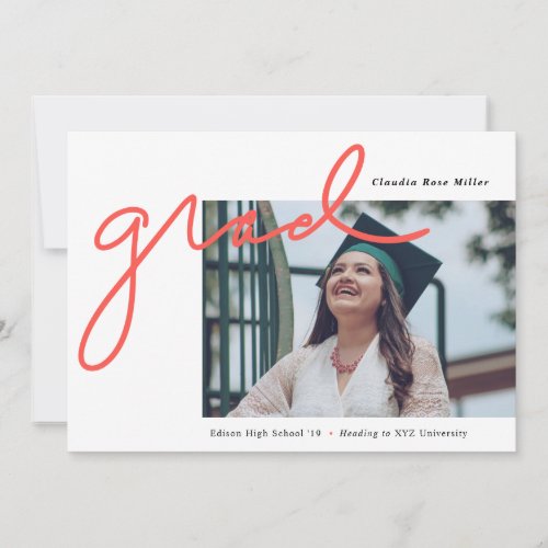 Modern Handwritten Grad in Coral Photo Graduation Announcement