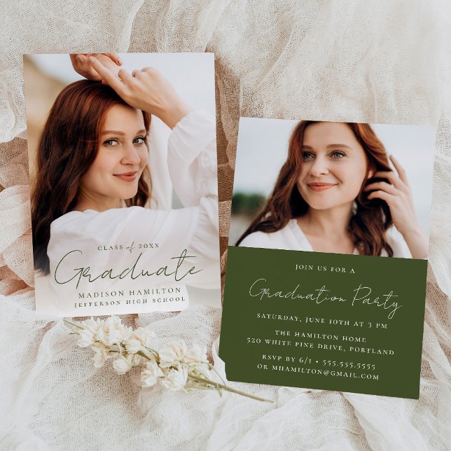 Modern Handwritten Green Script 2 Photo Graduation Invitation (Creator Uploaded)