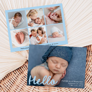 Modern Handwritten Hello Blue Photo Collage Birth Announcement