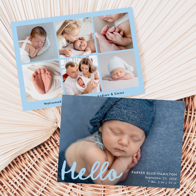 Modern Handwritten Hello Blue Photo Collage Birth Announcement (Creator Uploaded)