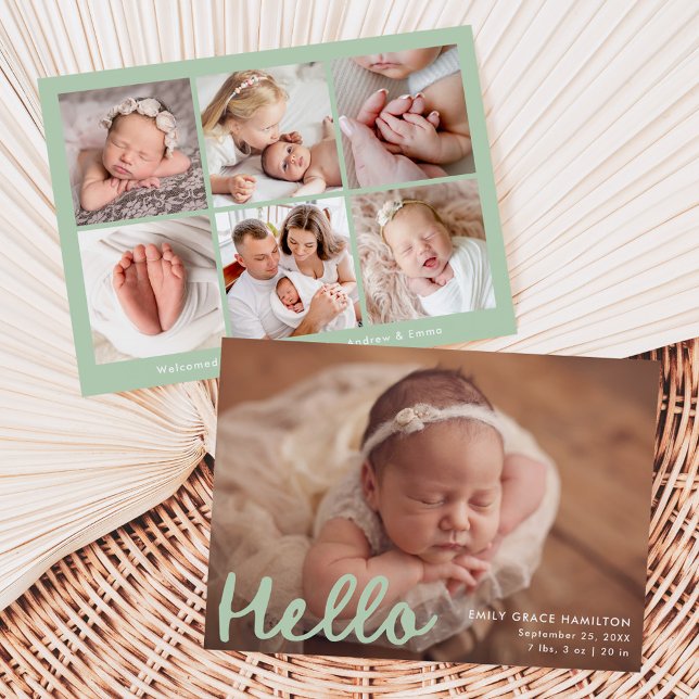 Modern Handwritten Hello Mint Photo Collage Birth Announcement (Creator Uploaded)