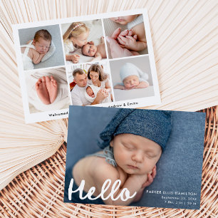 Modern Handwritten Hello Photo Collage Birth Announcement