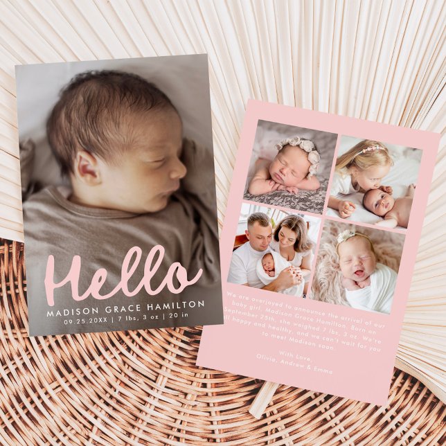 Modern Handwritten Hello Pink Photo Collage Birth Announcement (Creator Uploaded)