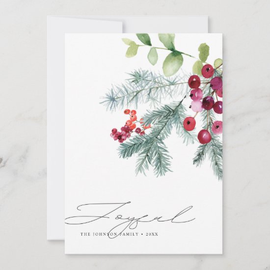 Modern Handwritten Joyful Winter Greenery Photo Holiday Card