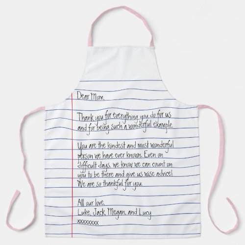 Modern Handwritten Letter on Lined Paper for Mom Apron