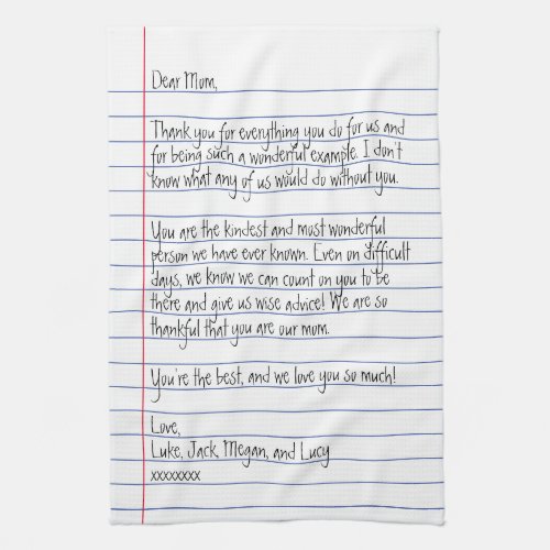 Modern Handwritten Letter on Lined Paper for Mom Kitchen Towel