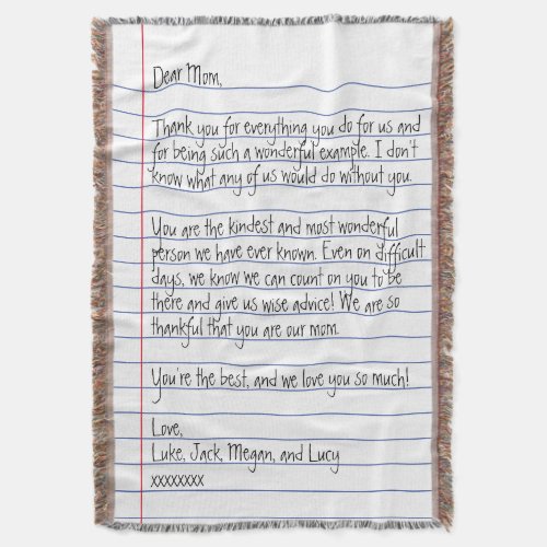 Modern Handwritten Letter on Lined Paper for Mom Throw Blanket