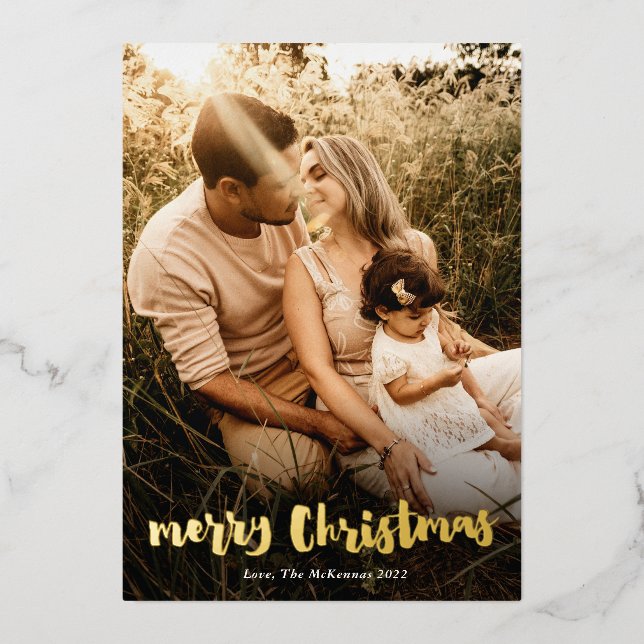 Modern Handwritten Merry Christmas Photo Gold Foil Holiday Card (Front)