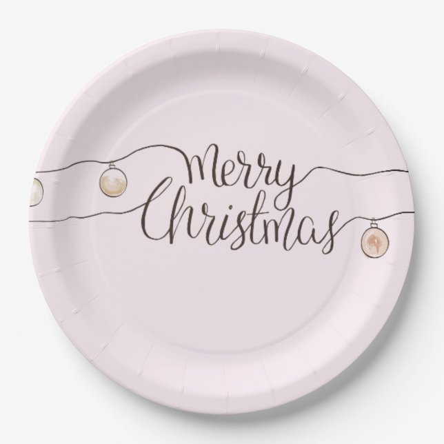 Modern Handwritten Merry Christmas String Of Light Paper Plates (Front)