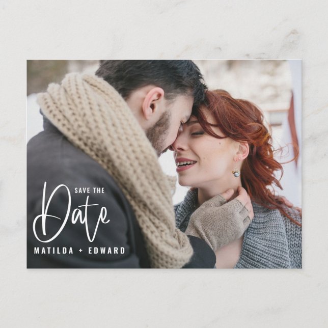 Modern handwritten monochrome photo wedding  invit postcard (Front)