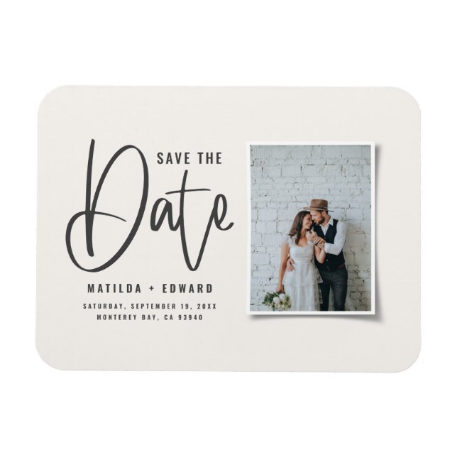 Modern handwritten monochrome photo wedding save t magnet (Horizontal)