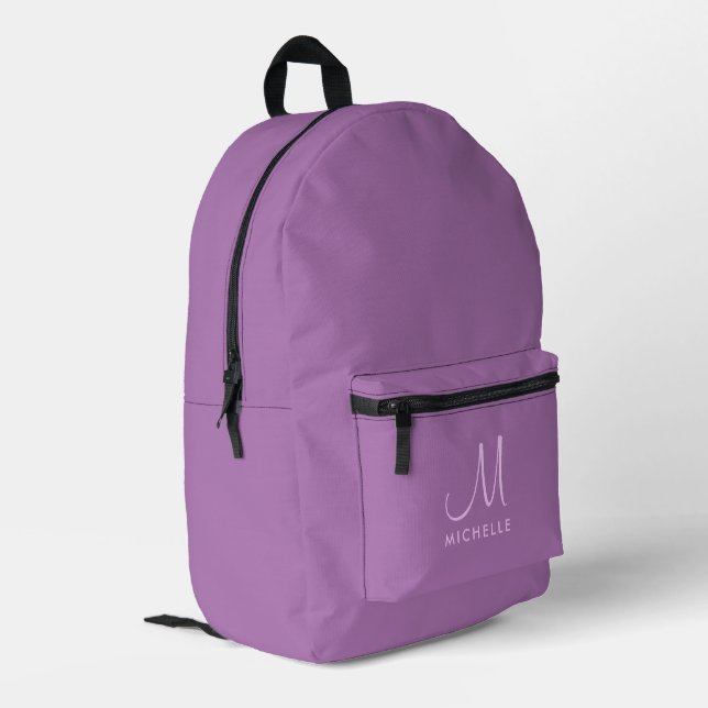 Modern Handwritten Monogram Name Lavender Purple Printed Backpack (Back Corner Left)