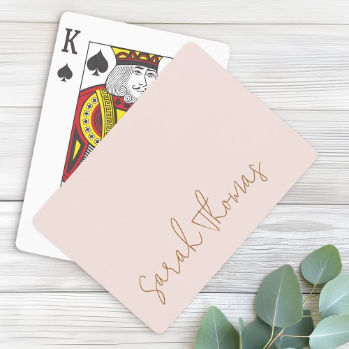 Modern handwritten name blush pink return address poker cards