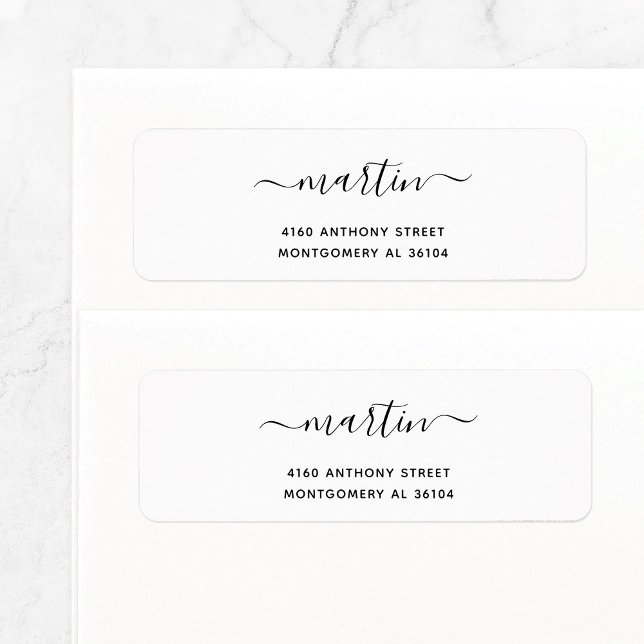 Modern Handwritten Name & Return Address 08e. Label (Simple, basic return address label in black and white features modern script name with swashes.)