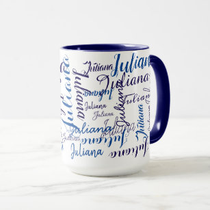 modern handwritten names pattern on blue mug