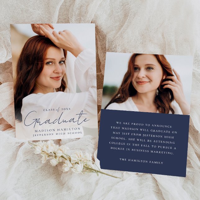 Modern Handwritten Navy Script 2 Photo Graduation Announcement (Creator Uploaded)