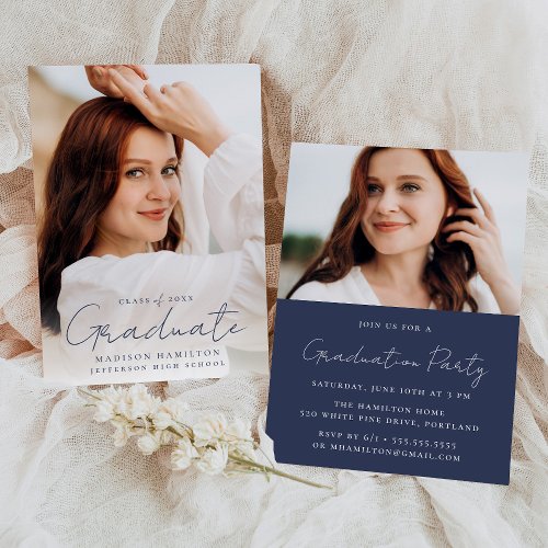 Modern Handwritten Navy Script 2 Photo Graduation Invitation