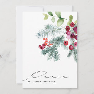 Modern Handwritten Peace Winter Greenery Photo Holiday Card
