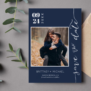 Modern Handwritten Photo Save The Date Navy Blue