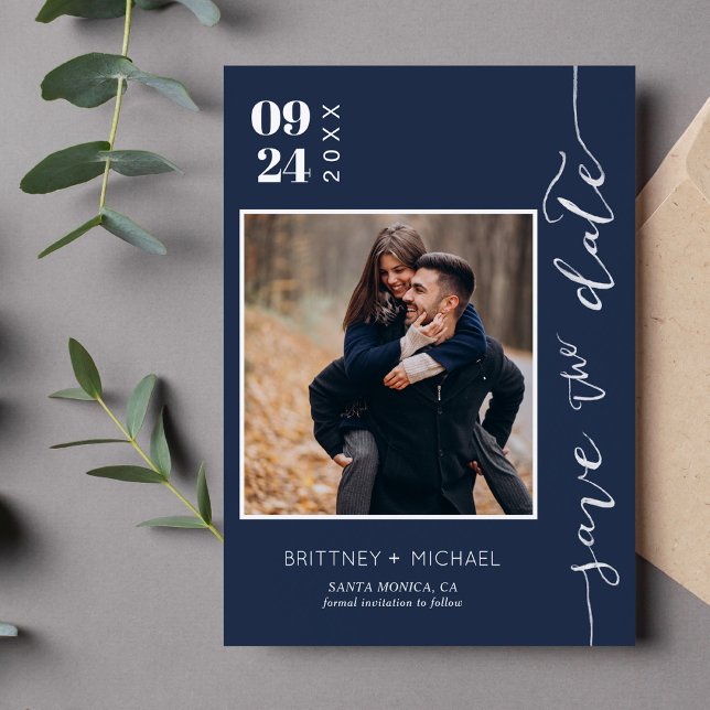 Modern Handwritten Photo Save The Date Navy Blue (Creator Uploaded)