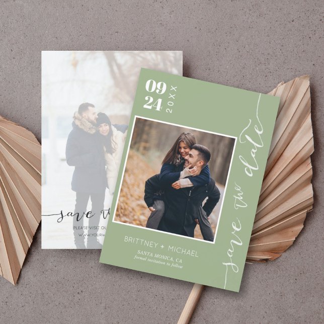 Modern Handwritten Photo Save The Date Sage Green (Creator Uploaded)