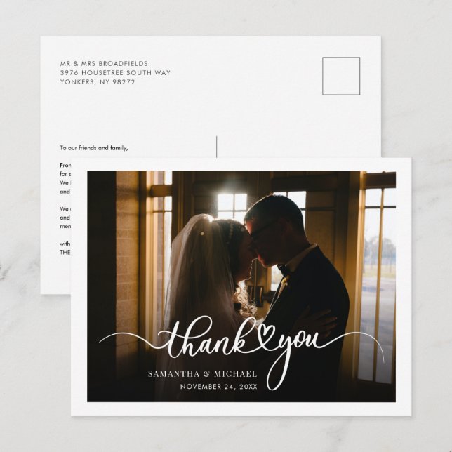 Modern Handwritten Photo Wedding Thank You Postcard (Front/Back)