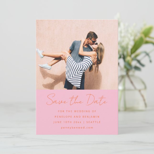 Modern Handwritten Pink Orange Wedding Photo Save The Date (Standing Front)