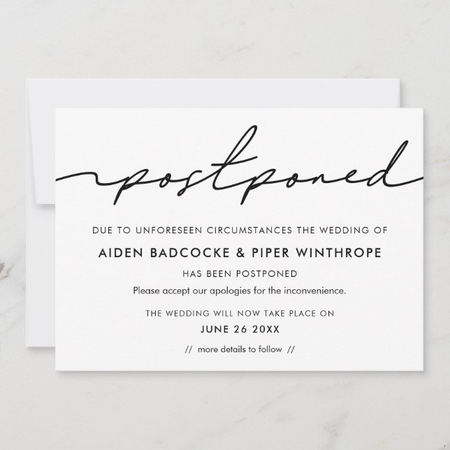 Modern handwritten postponed wedding announcement (Front)
