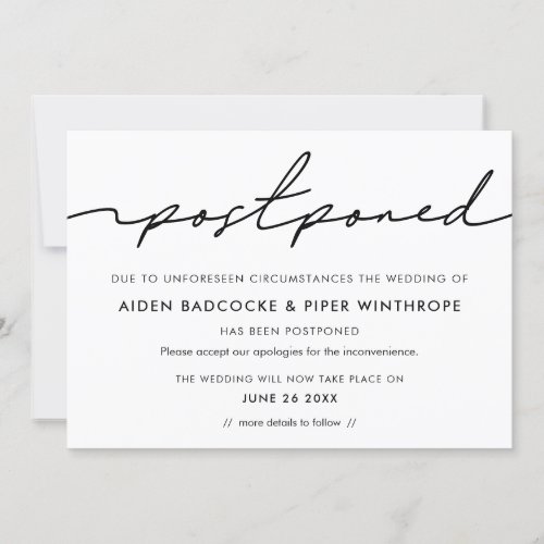 Modern handwritten postponed wedding announcement