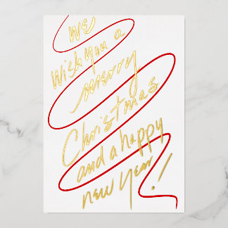 Modern Handwritten Red and Gold Script Design Foil Holiday Card