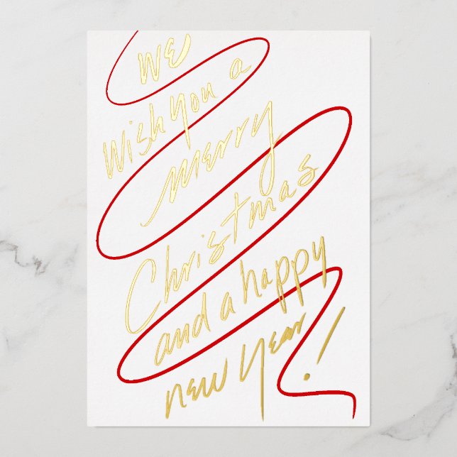 Modern Handwritten Red and Gold Script Design Foil Holiday Card (Front)