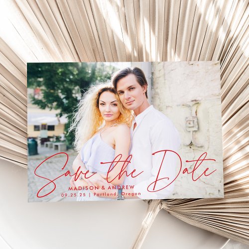 Modern Handwritten Red Script Photo Save The Date