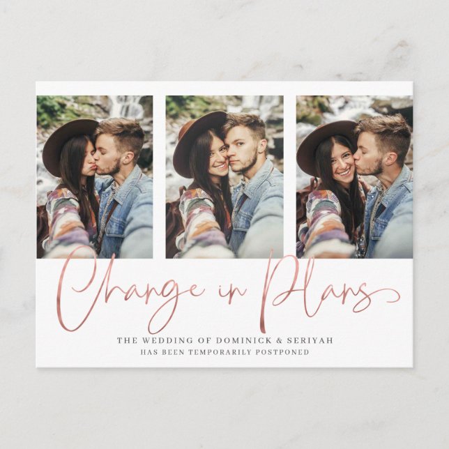 Modern Handwritten Rose Gold Wedding Postponement Postcard (Front)