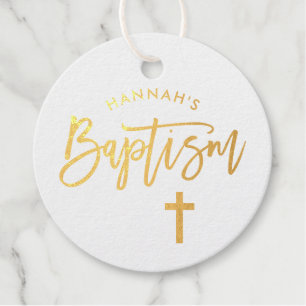 Modern Handwritten Script and Cross Baptism Foil Favor Tags