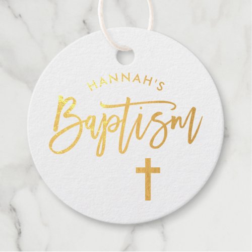 Modern Handwritten Script and Cross  Baptism Foil Favor Tags