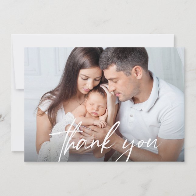 Modern Handwritten Script Baby Photos Birth Thank You Card (Front)