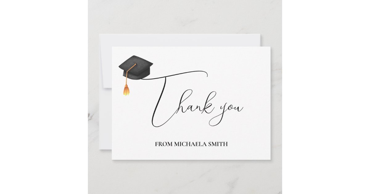Modern Handwritten Script Black Graduation Cap Thank You Card | Zazzle