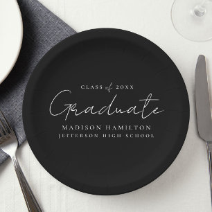 Modern Handwritten Script Black Graduation Paper Plates