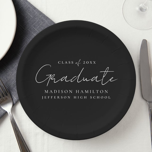 Modern Handwritten Script Black Graduation Paper Plates (Creator Uploaded)