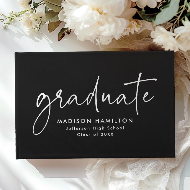 Modern Handwritten Script Black Photo Graduation Guest Book (Creator Uploaded)