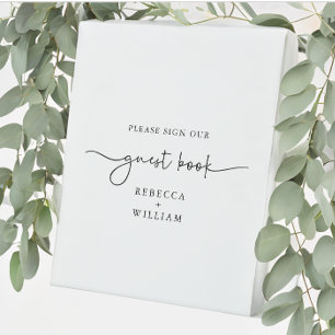 Modern Handwritten Script Black White Guest Book Pedestal Sign