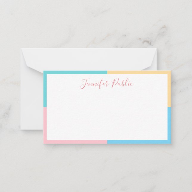 Modern Handwritten Script Blue Green Pink Yellow Note Card (Front)