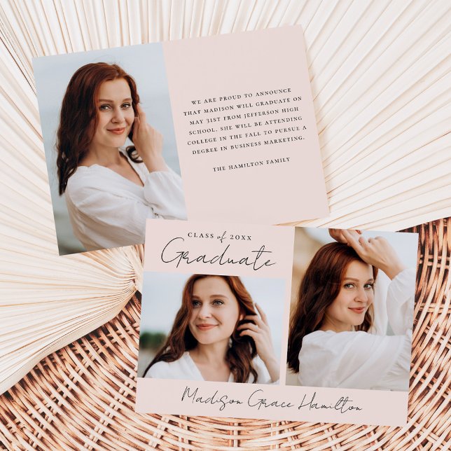Modern Handwritten Script Blush 3 Photo Graduation Announcement (Creator Uploaded)