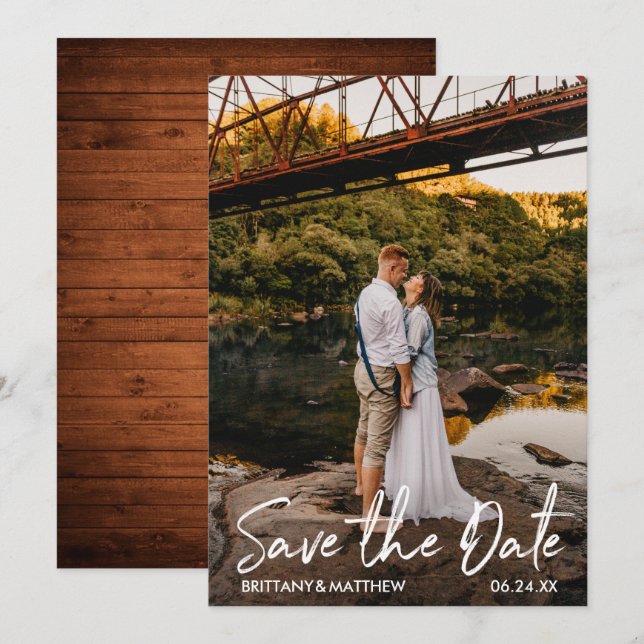 Modern Handwritten Script Couple Photo Wood Save The Date (Front/Back)