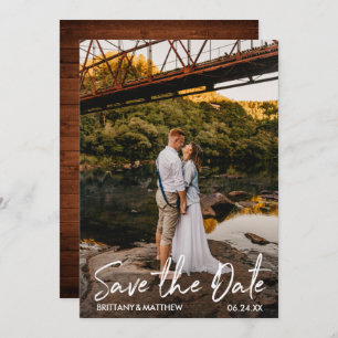 Modern Handwritten Script Couple Photo Wood Save The Date